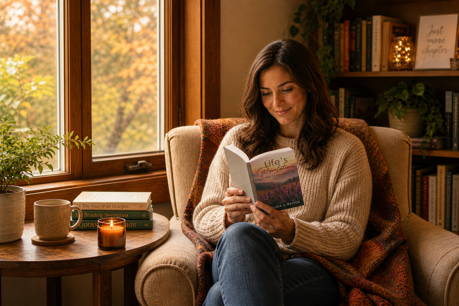 Woman reading a book in a cozy armchair by a window, with warm lamplight and bookshelves nearby.
