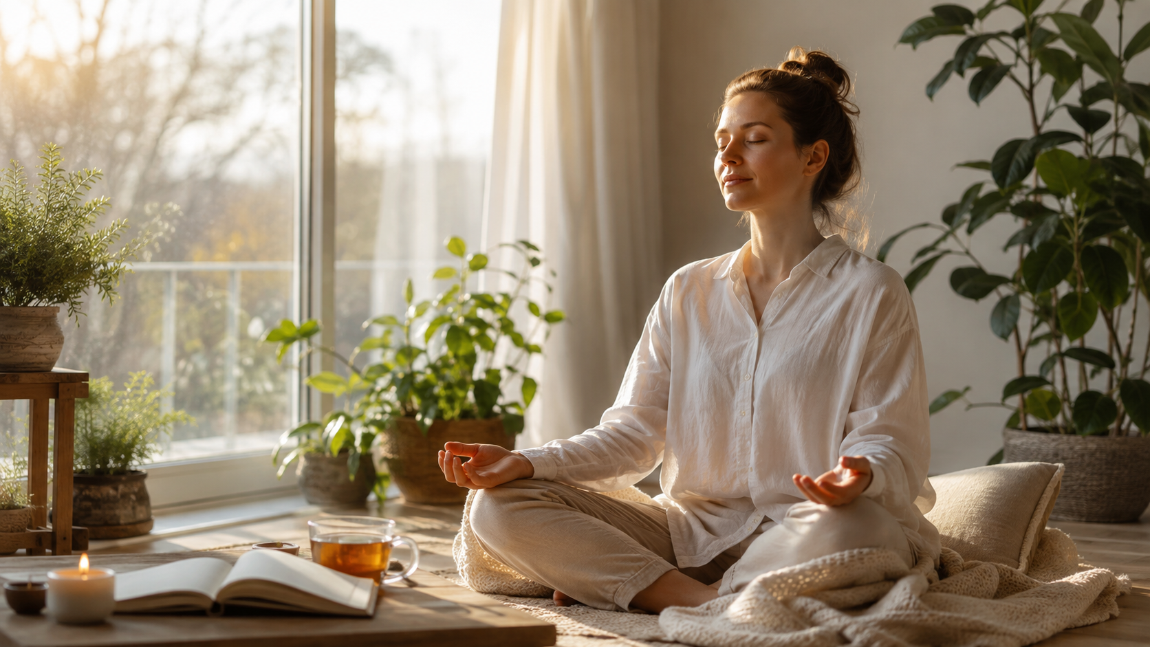Woman practicing mindfulness in a peaceful wellness space
