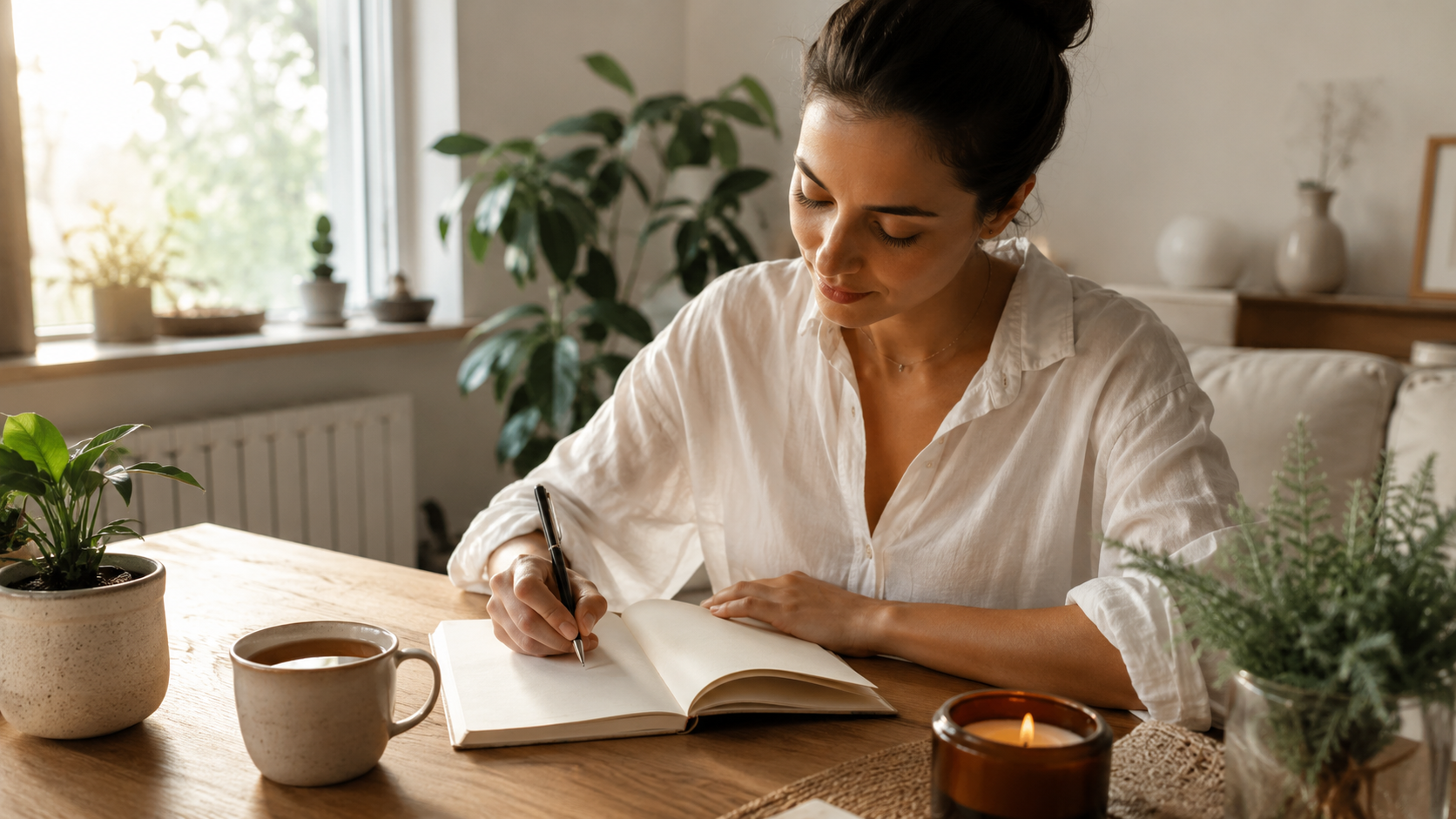 Woman writing in an open notebook at a wooden table beside a mug and lit candle in a cozy room.