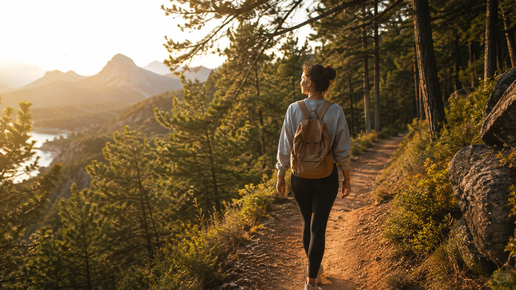 Hiker walking a sunlit forest trail beside mountains at golden hour