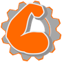 An orange and gray gear with a muscle in the middle