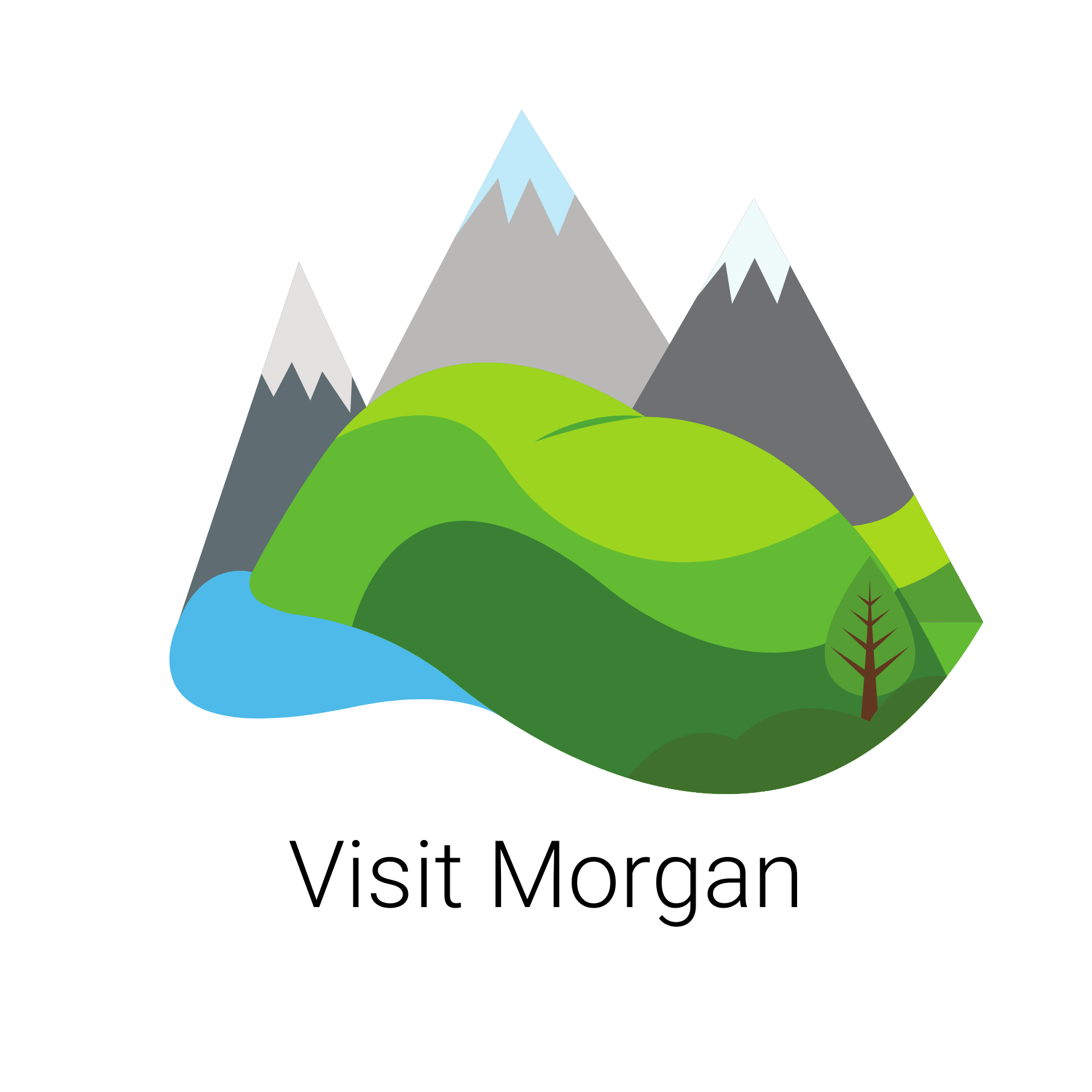 Mountains, green hills, lake, and a small tree, representing 