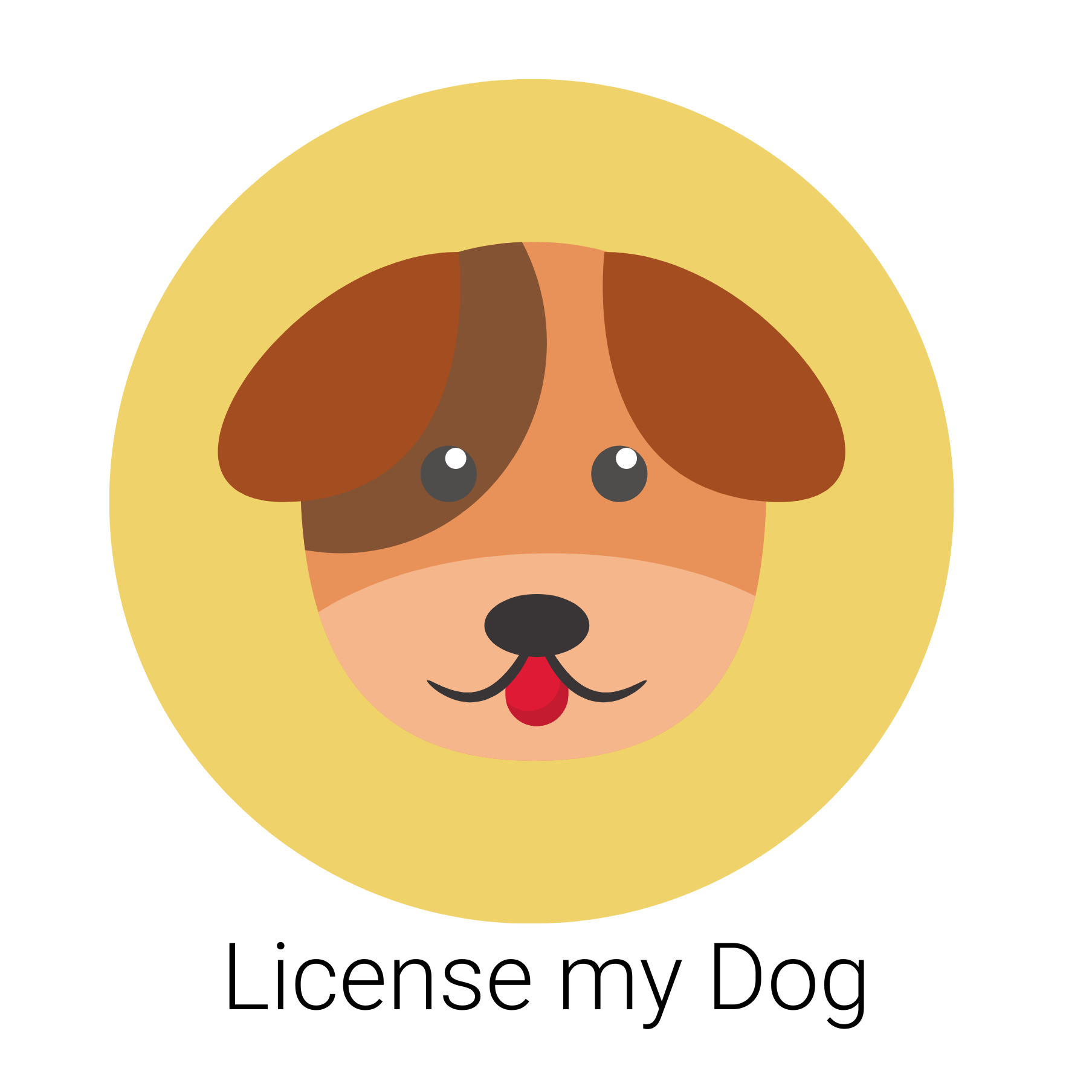 Dog's face with brown ears and a red tongue inside a yellow circle, with text 