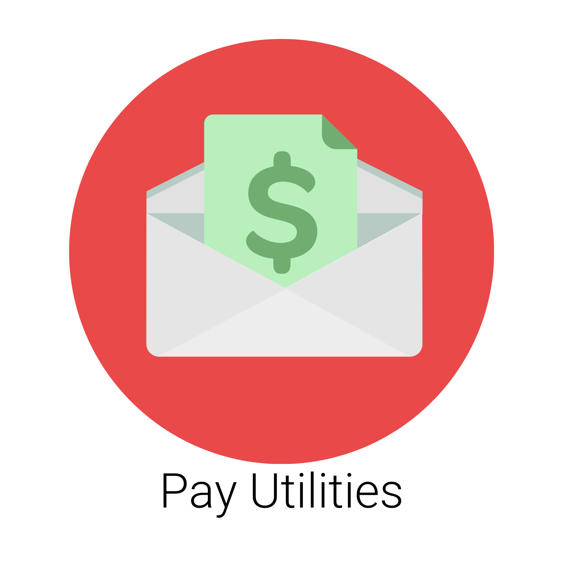 Red circle with a white envelope containing a green bill with a dollar sign; 