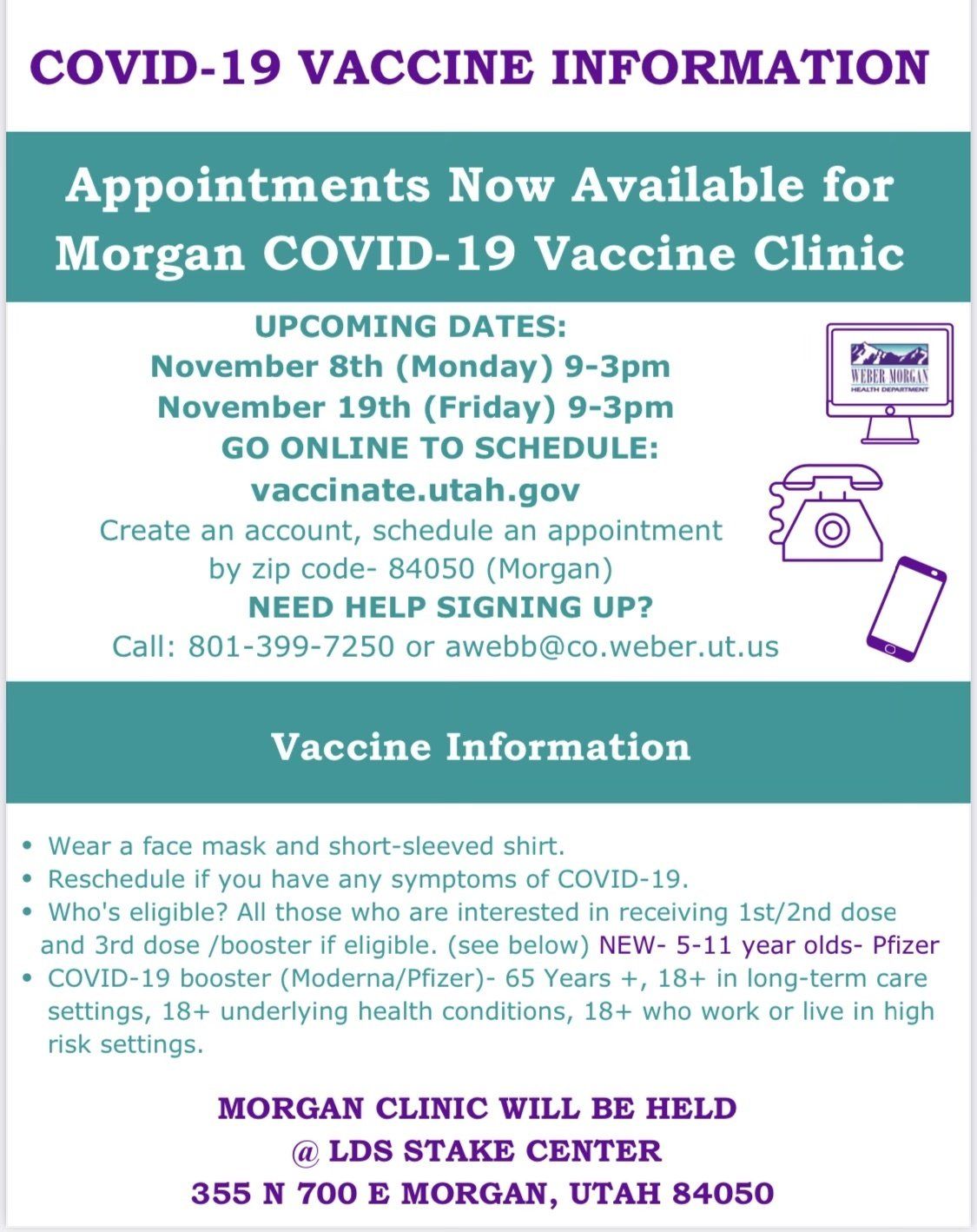 COVID-19 vaccine clinic information for Morgan, Utah, with dates, website, and location.