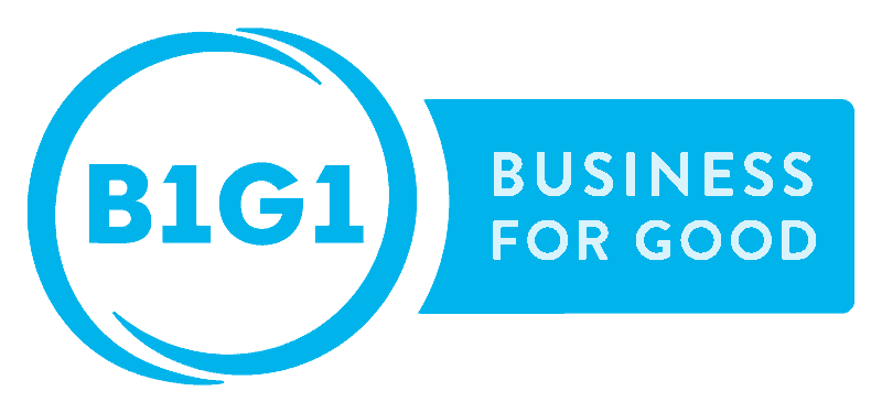 A blue and white logo that says b1g1 business for good