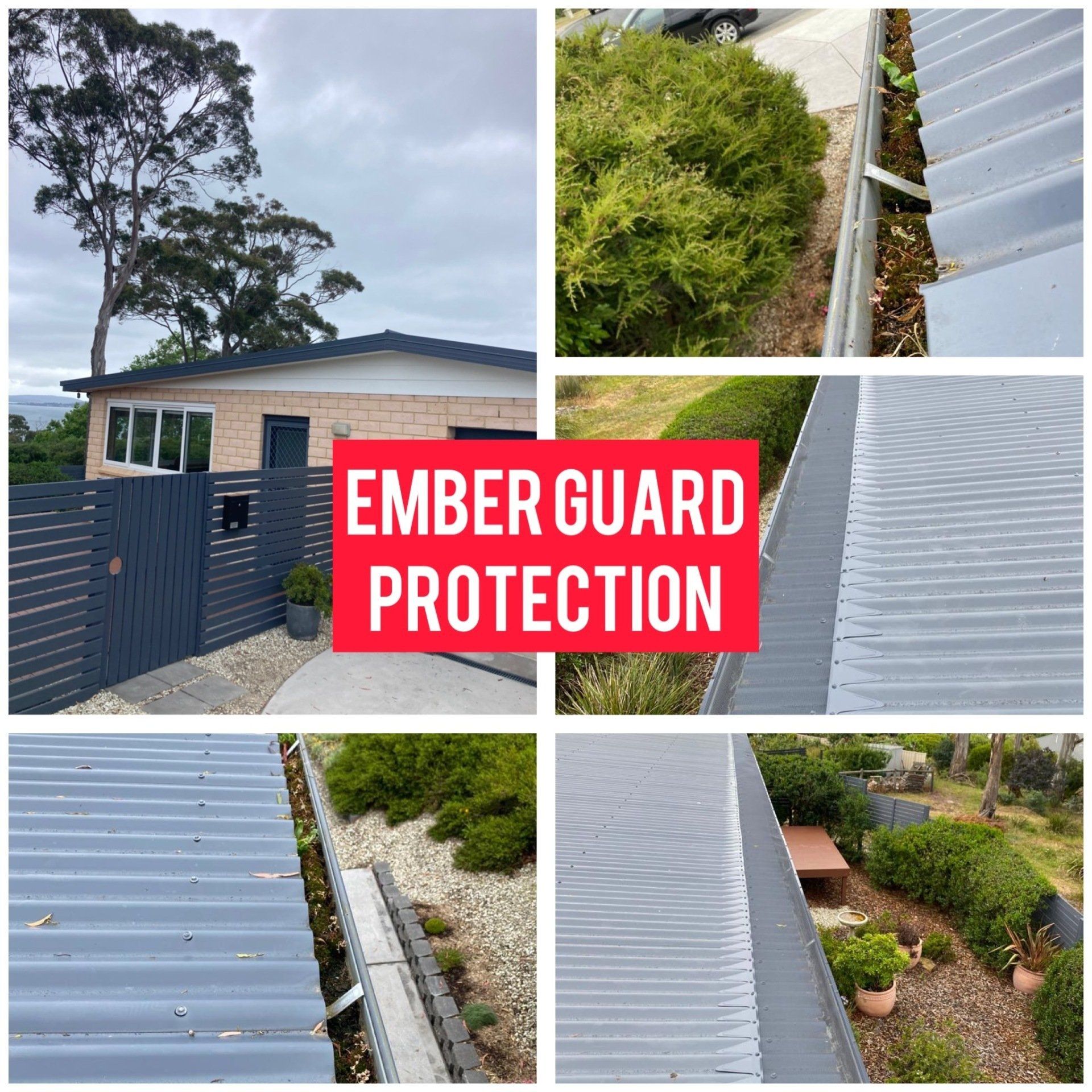 A collage of pictures of a house with a sign that says ember guard protection