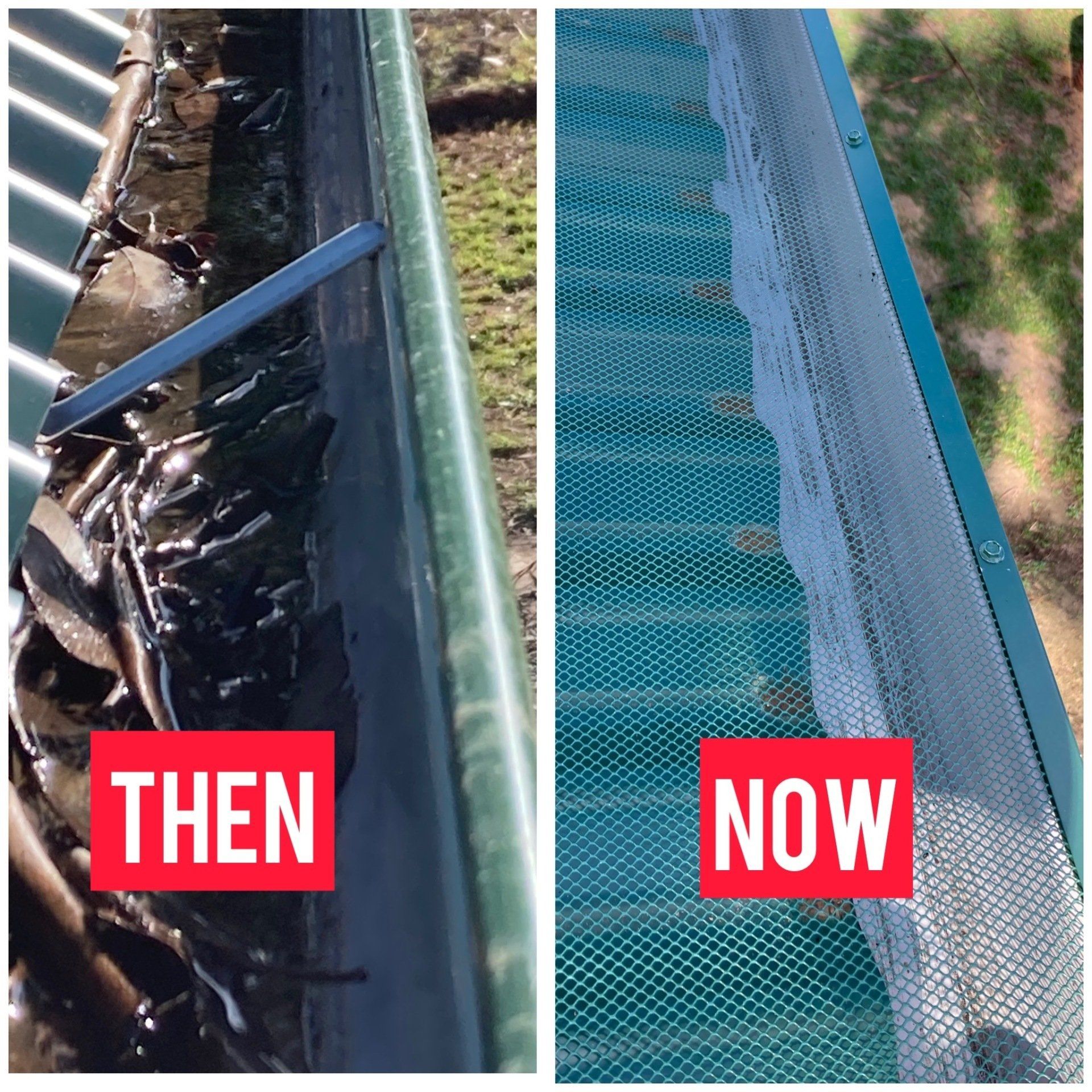 A picture of a gutter before and after being cleaned