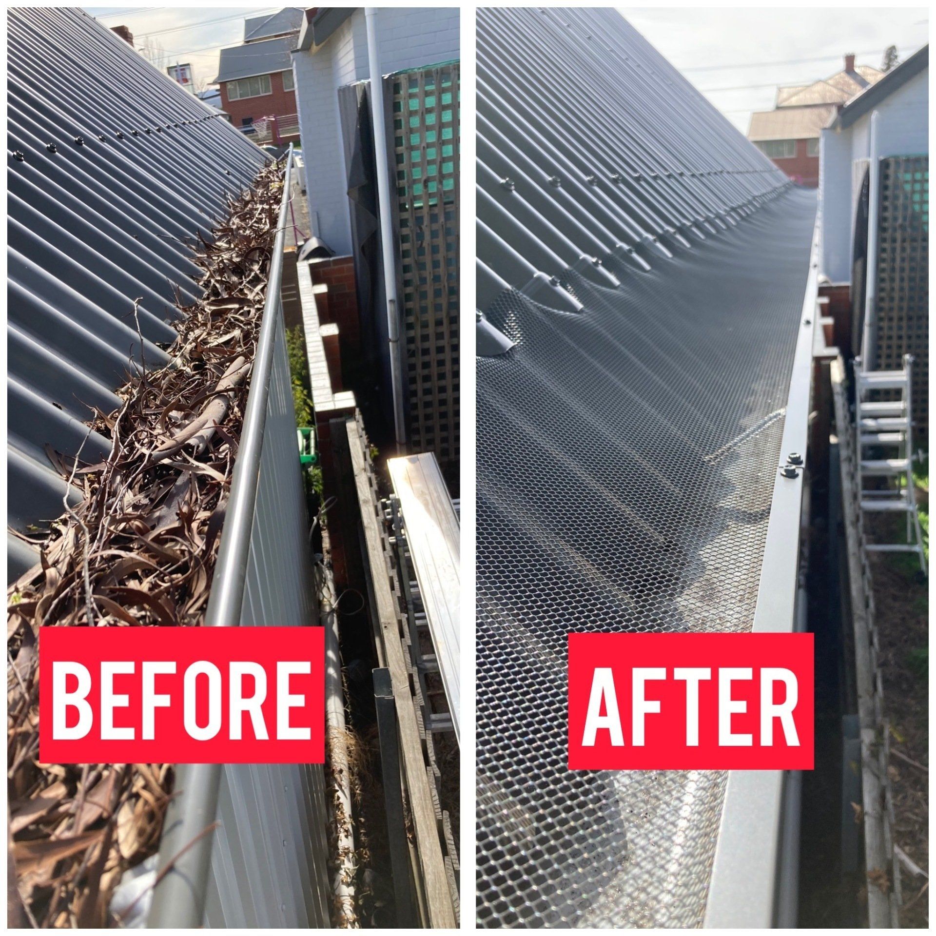 A before and after picture of a gutter being cleaned