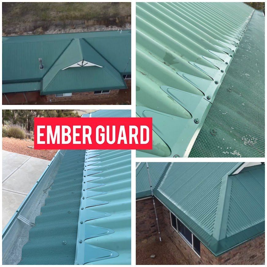 A green roof with a red sign that says ember guard