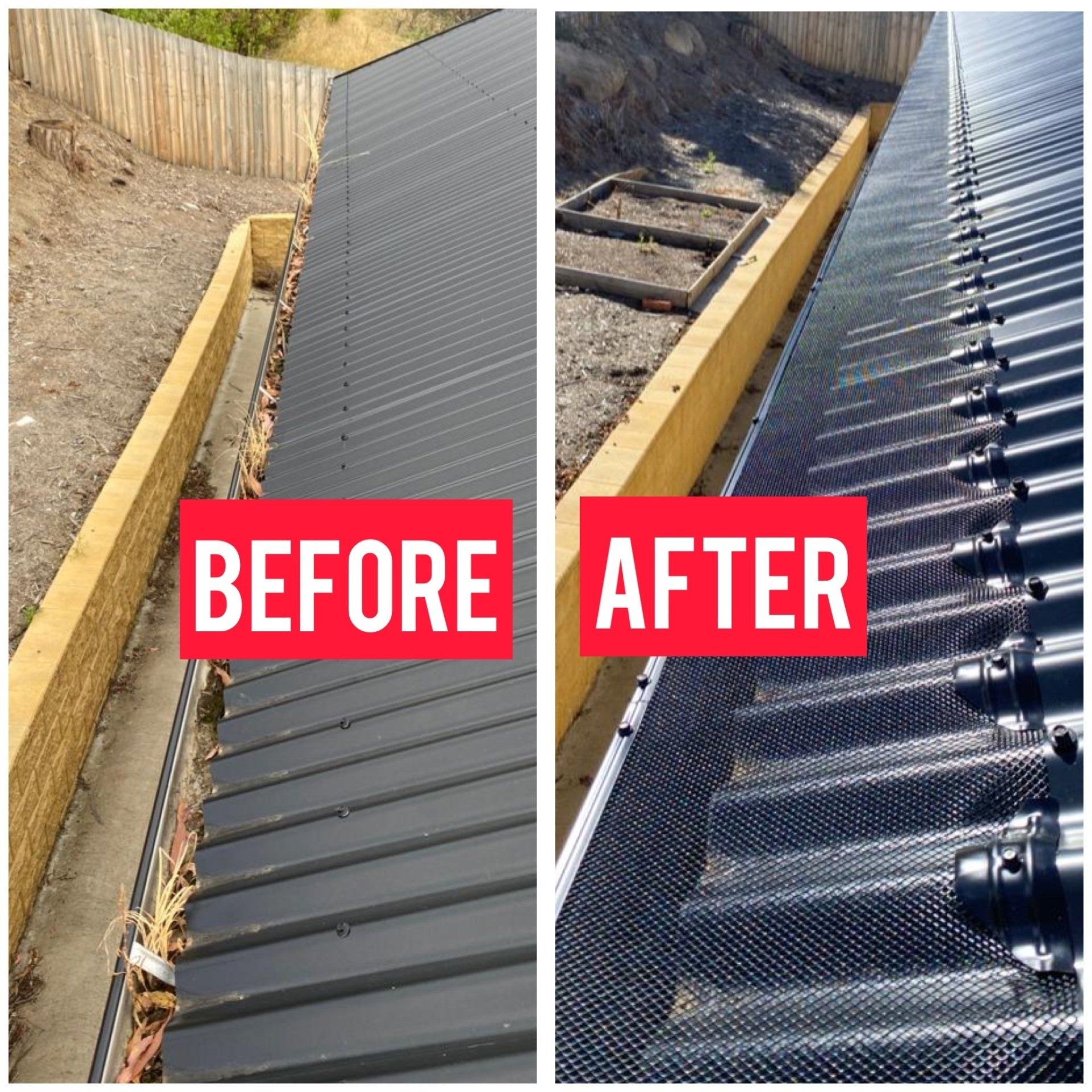 A before and after picture of a black roof