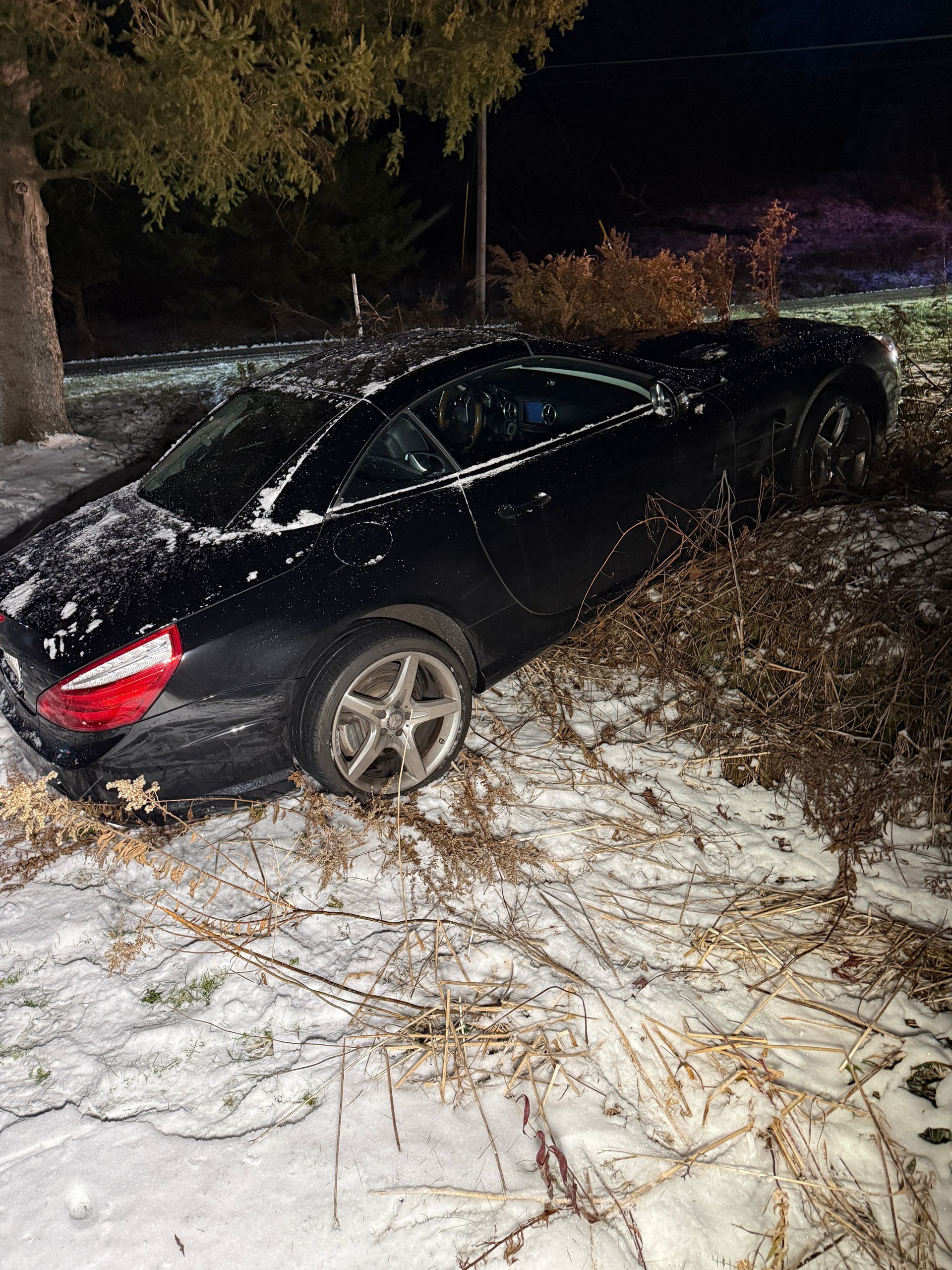 A dark-colored sports car sits off-road in snowy, brush-covered terrain at night.