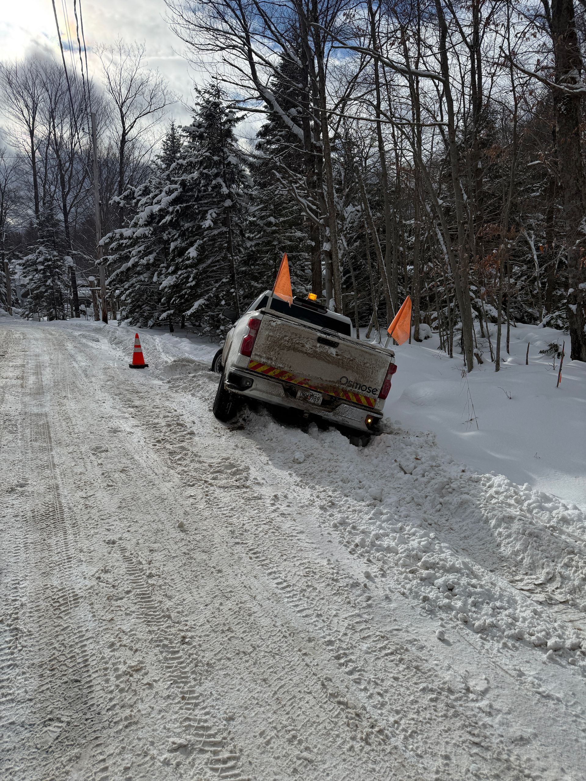 A work truck with orange safety flags is stuck in a snow-covered ditch beside a rural road.
