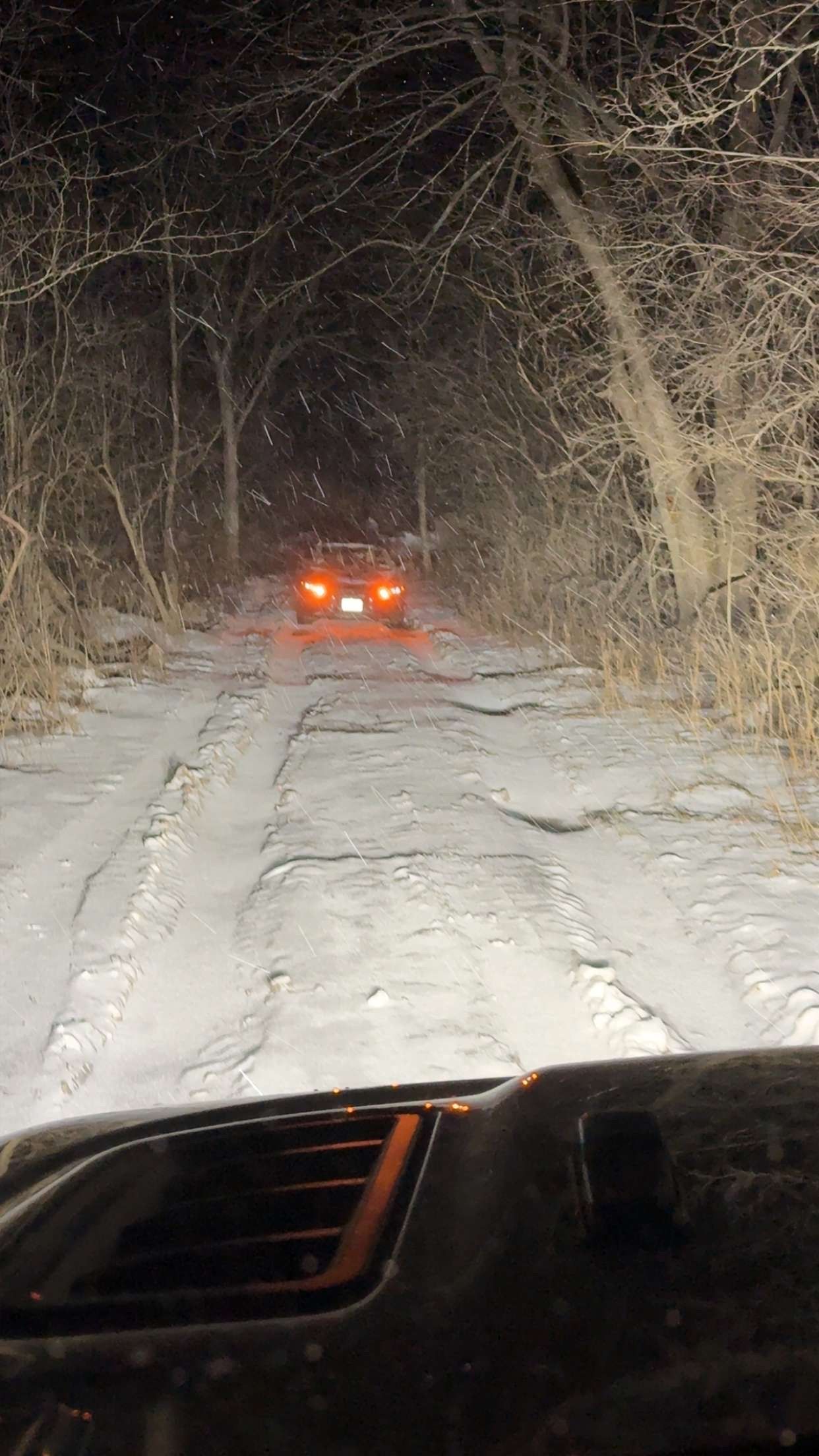 A view from inside a vehicle looking at another car with glowing taillights ahead on a snow-covered, tree-lined path at night.