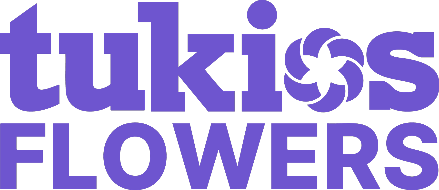 Purple logo for "tukios flowers." "tukios" is in a stylized font with a flower design in place of the "o." "FLOWERS" 