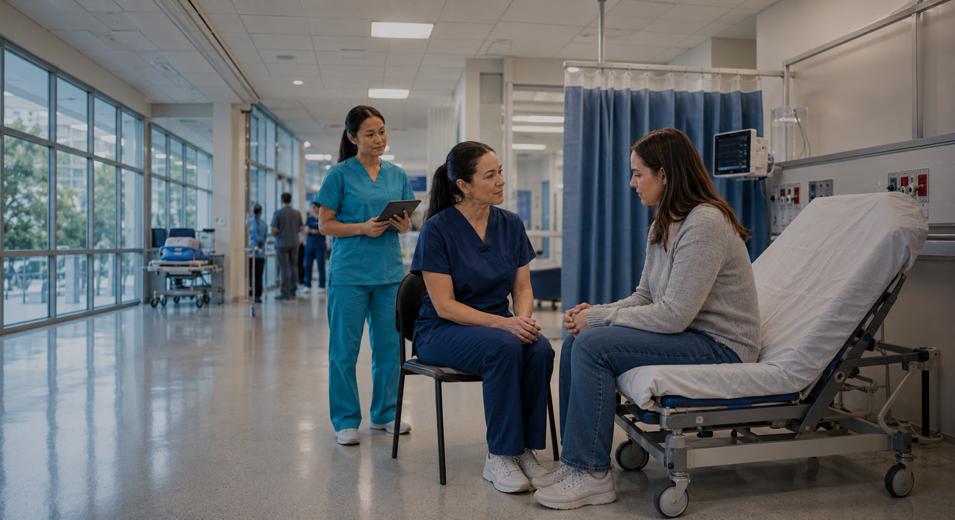 Clinic waiting area with two people talking on chairs while a mental nurse stands nearby
