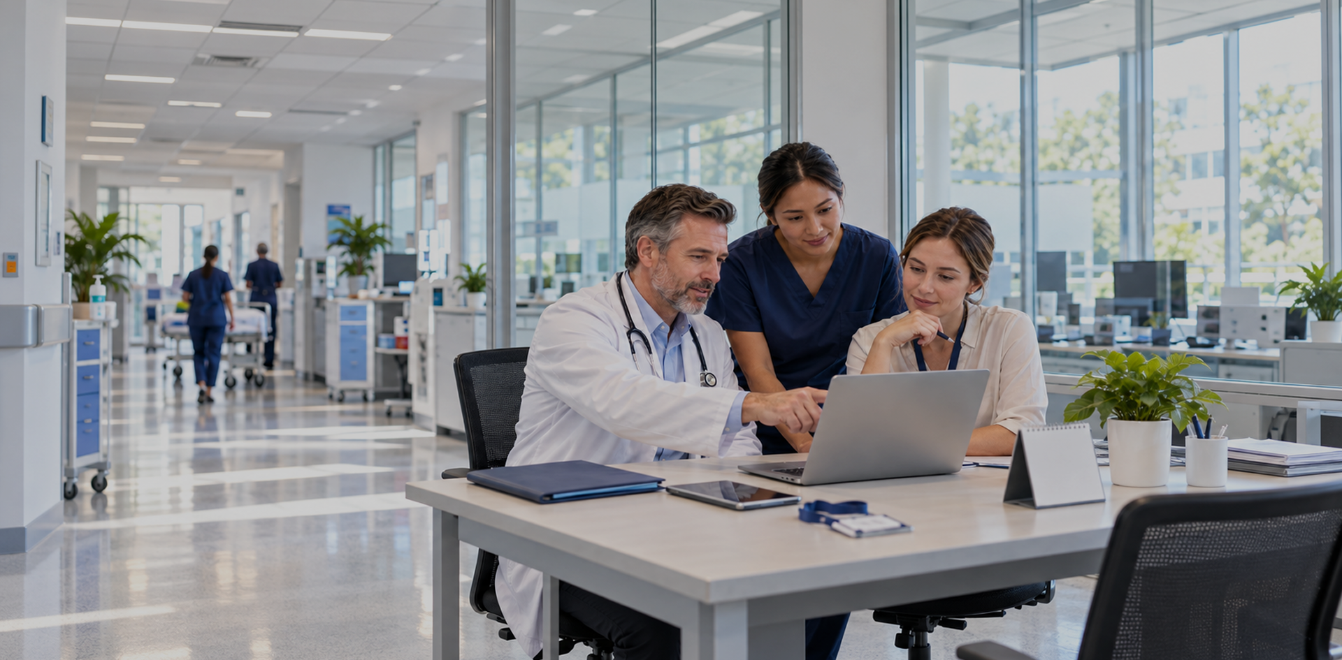 health professionals sitting at a table in a hospital