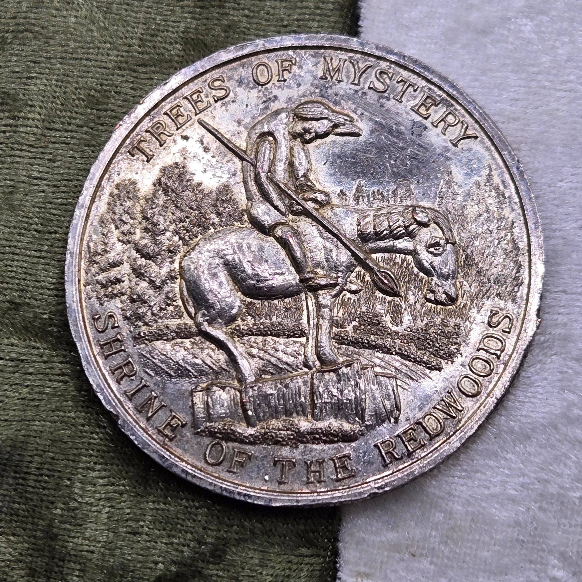 Vintage Souvenir medal, Trees of Mystery- Shrine of the redwoods. Klamath, California.