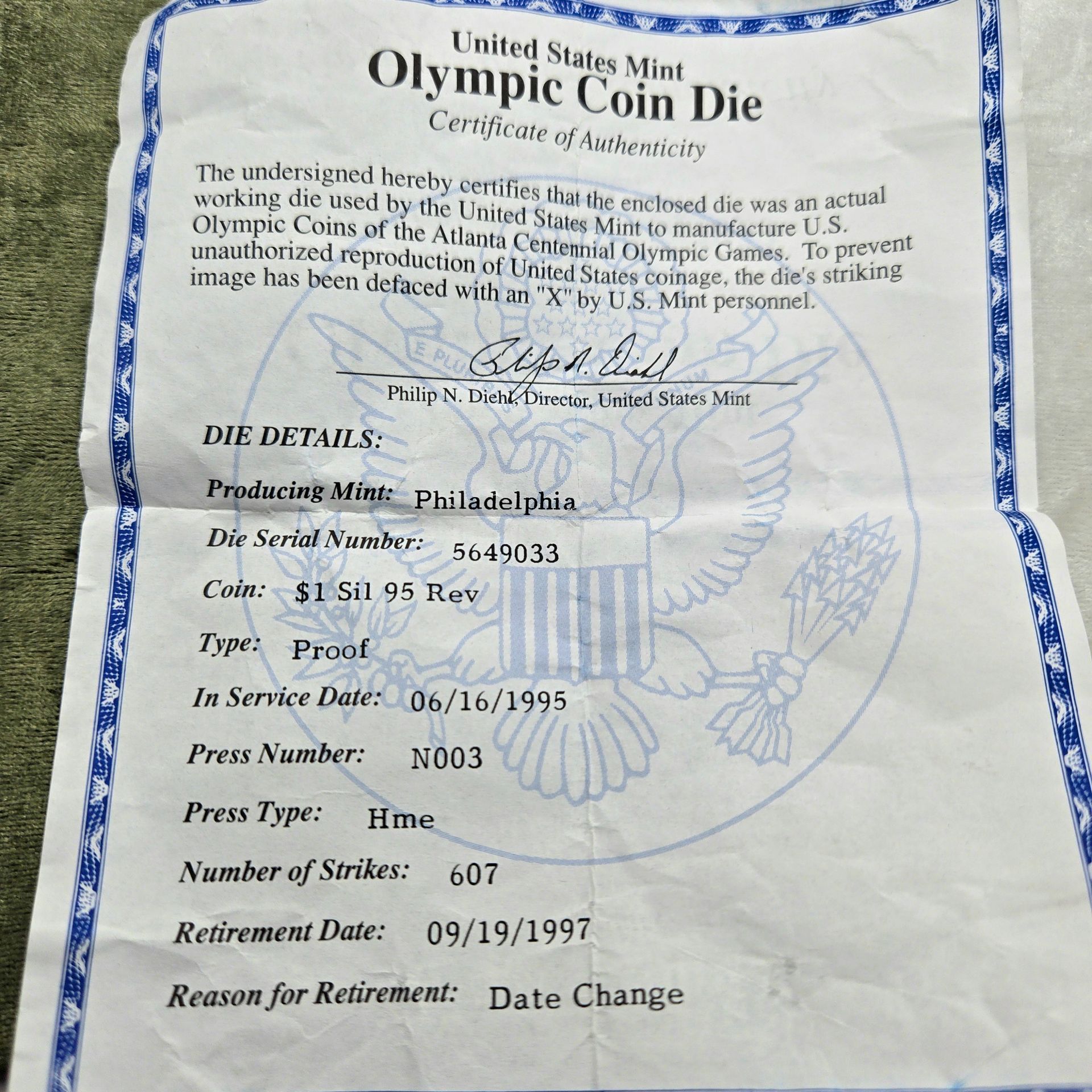 United States Mint Olympic Coin Die