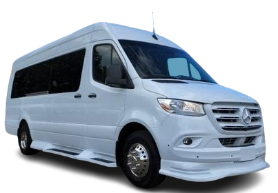 A white mercedes sprinter van is shown on a white background.
