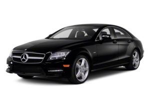 A black mercedes benz cls is shown on a white background.