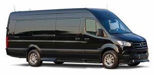 A black van is parked on a white background.