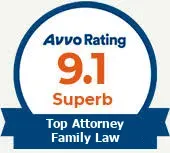 A badge that says `` avvo rating 9.1 superb top attorney family law ''.