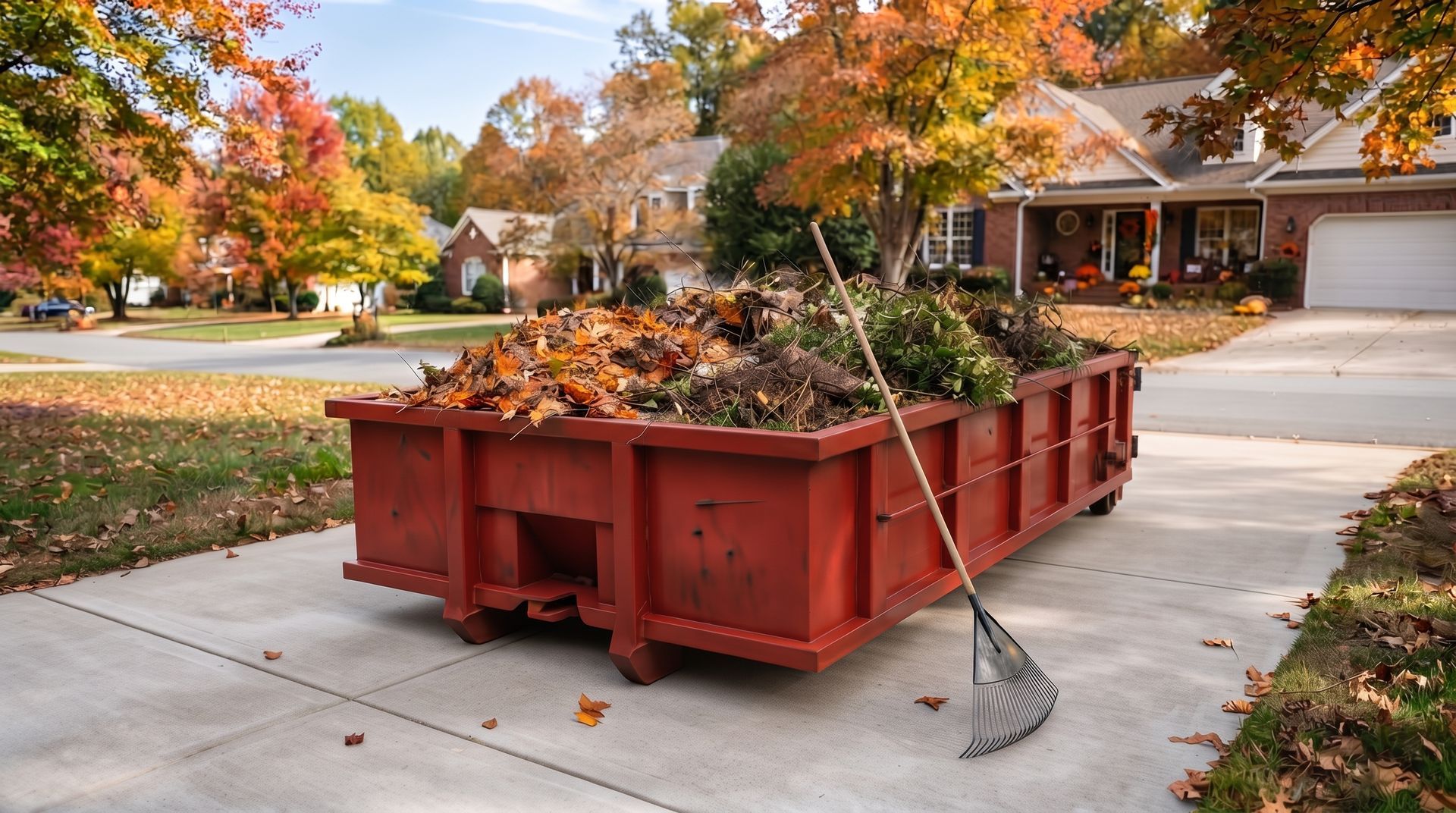 Red yard debris dumpster full of autumn leaves on a driveway in a suburban neighborhood