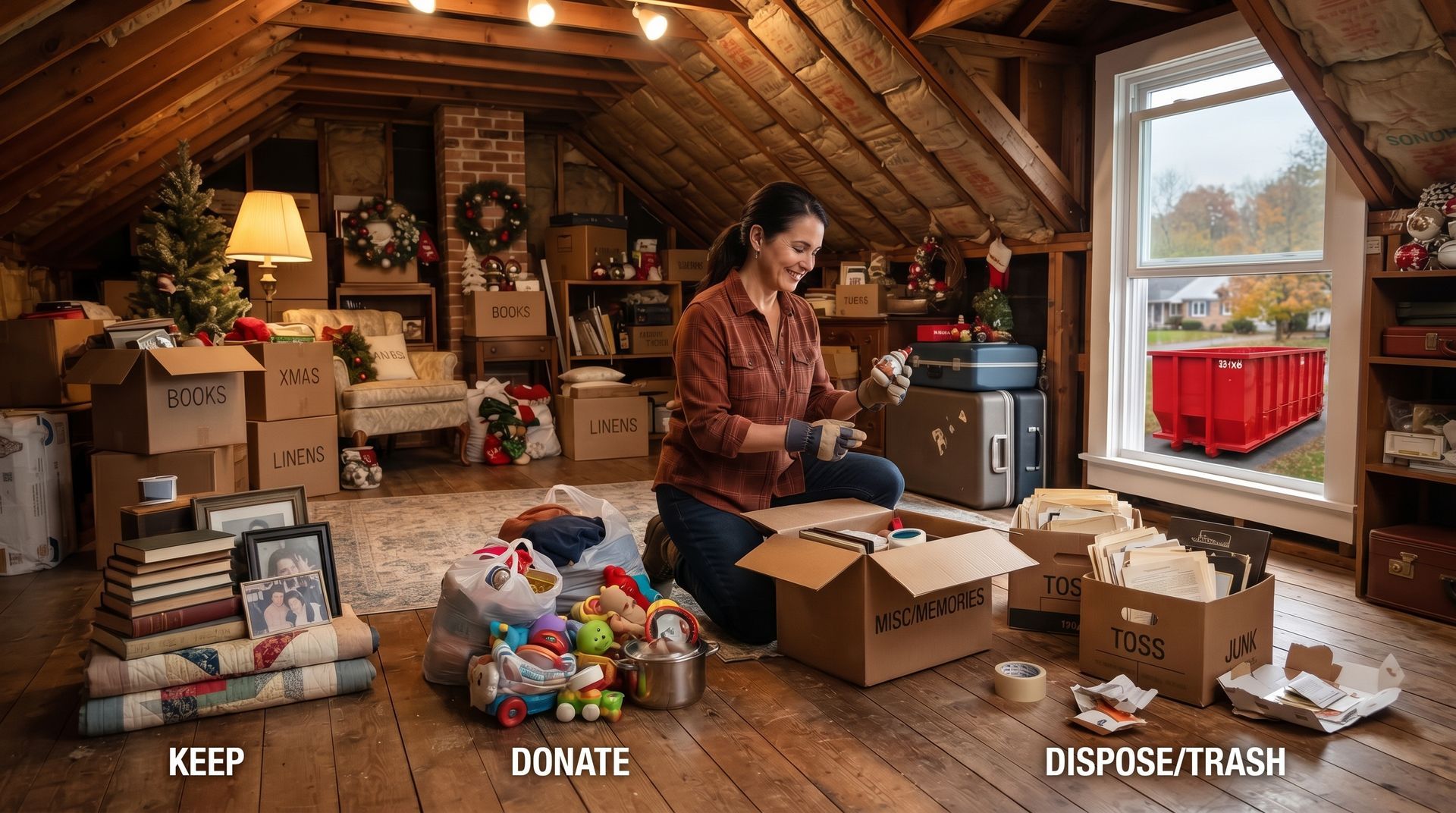 Person sorting moving boxes into keep, donate, and dispose/trash piles in a cluttered attic room.