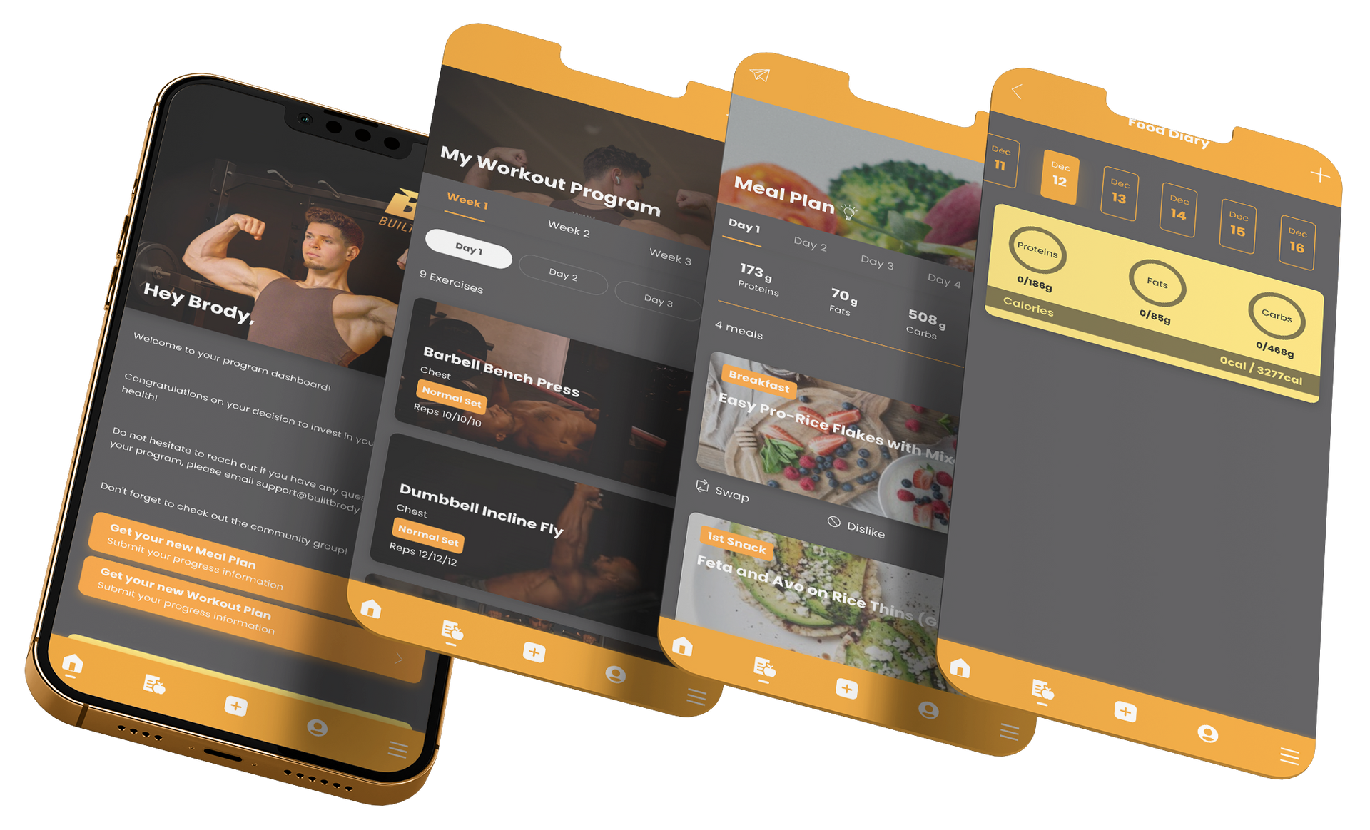 Screenshots of a fitness app on a gold phone. Content includes workout videos, meal plans, and mood tracking.