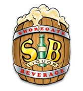Shoregate Liquor Beverage logo: Wooden barrel with overflowing foam, SB initials, and a green bottle.