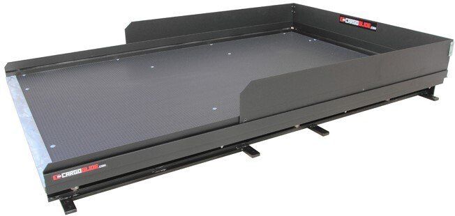 Black metal truck bed cargo slide.