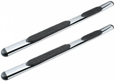 Chrome running boards with black step pads.