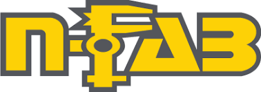 Logo for П-FAB, with yellow letters and a gray outline, a tool graphic in the middle.