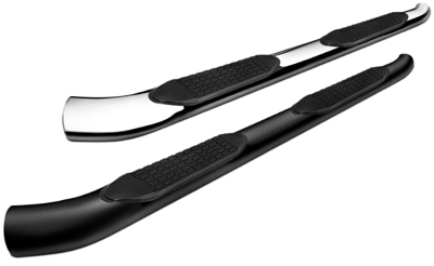 Two curved truck running boards, one chrome and one black, with black step pads.