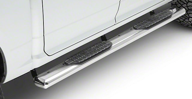Silver truck side step with two black textured steps.