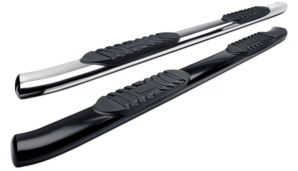Two truck running boards: one chrome, one black, both with rubber step pads.