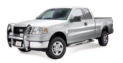 Silver Ford F-150 pickup truck with chrome grill guard, running boards, and wheels, on a white background.