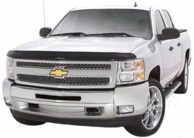 Silver Chevrolet pickup truck with bug deflector.