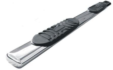 Shiny chrome running board with black step pads.
