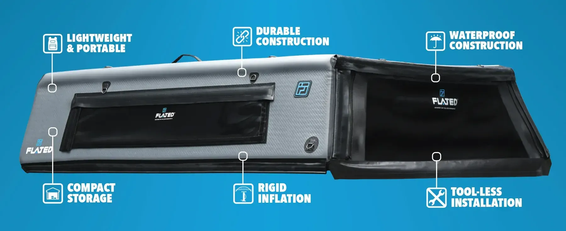 A silver flated air-topper, open. Features: lightweight, compact, durable, rigid inflation, waterproof, and tool-less installation.