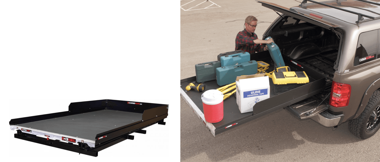 Truck bed cargo glide system holding tools. Man in a truck bed removing tools from the bed.