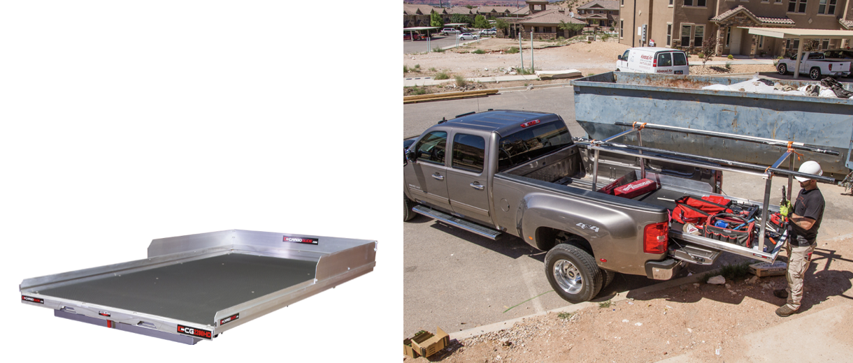 A cargo glide and a truck with a rack loaded with equipment. A person stands near the truck.