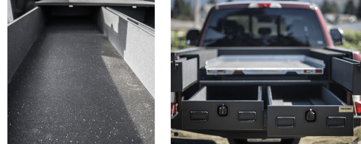 Truck bed with a bed slide and drawers for storage.