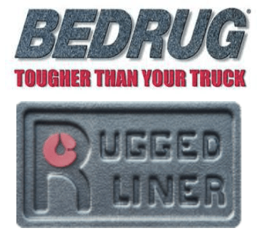 Bedrug Rugged Liner logo: gray textured letters, red accent.