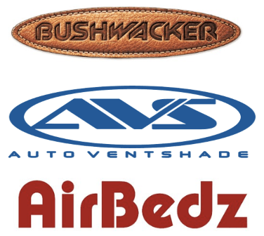 Logos for Bushwacker (brown leather), AVS (blue oval), and AirBedz (red text).