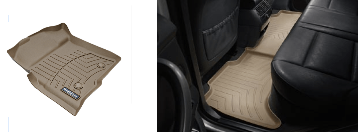 Beige car floor mats inside a vehicle. One is isolated, the others are installed.