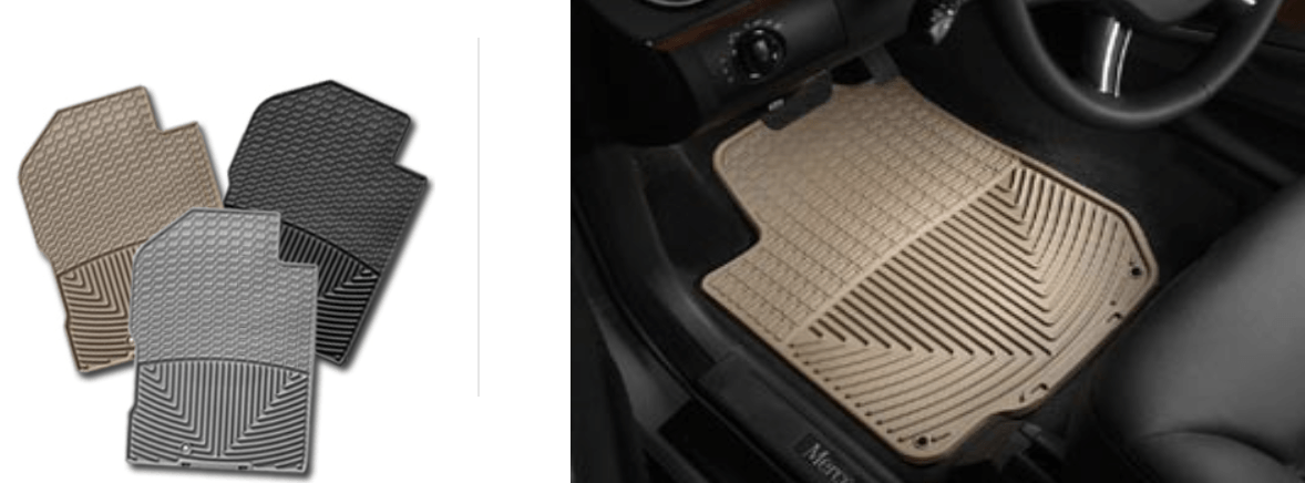 Car floor mats in tan, gray, and black. One mat in a car interior.