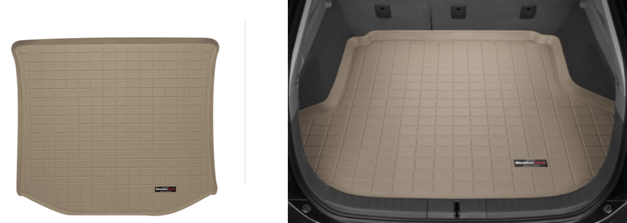 Two beige rubber car mats, one isolated, and one installed in a car trunk.