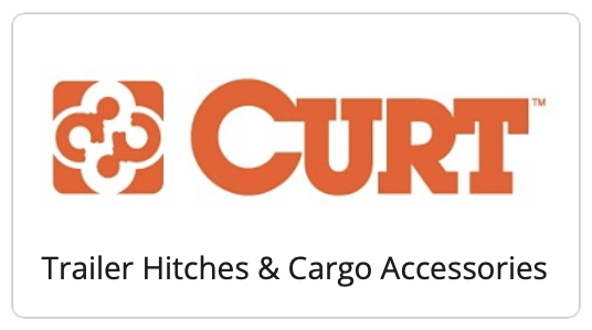 CURT logo, orange text and symbol, trailer hitches and cargo accessories.